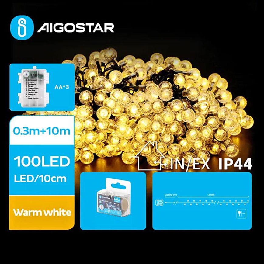 Aigostar - Guirlande de Noël extérieure 100xLED/3xAA/8 fonctions 10,3 m IP44 blanc chaud