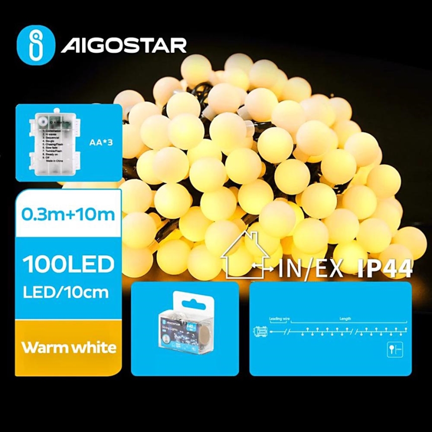 Aigostar - Guirlande de Noël extérieure 100xLED/3xAA/8 fonctions 10,3 m IP44 blanc chaud