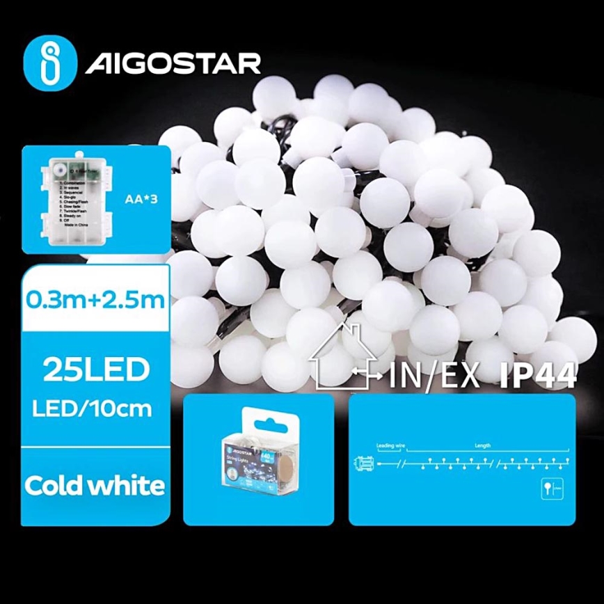 Aigostar - Guirlande de Noël extérieure 25xLED/3xAA/8 fonctions 2,8 m IP44 blanc froid