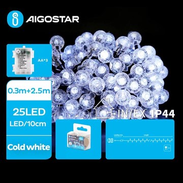 Aigostar - Guirlande de Noël extérieure 25xLED/3xAA/8 fonctions 2,8 m IP44 blanc froid