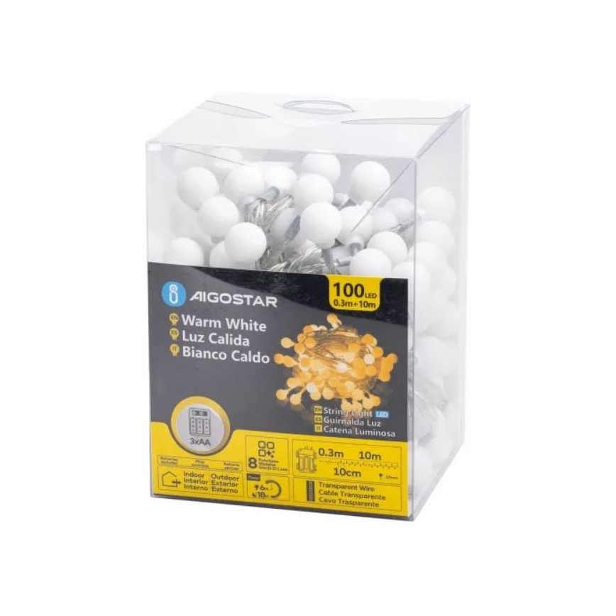 Aigostar - Guirlande de Noël extérieure 100xLED/3xAA/8 fonctions 10,3 m IP44 blanc chaud