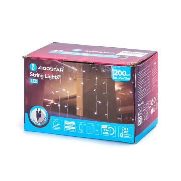 Aigostar - LED Kerst lichtsnoer voor buiten 200xLED/8 Functies 5x2m IP44 koud wit