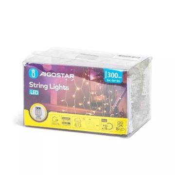 Aigostar - LED Kerst lichtsnoer voor buiten 300xLED/8 Functies 3xAA 6x2m IP44 warm wit