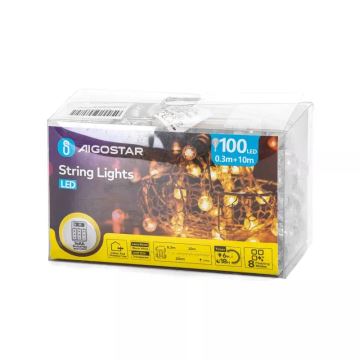 Aigostar - LED Kerst lichtsnoer voor buiten 100xLED/3xAA/8 Functies 10,3 m IP44 warm wit