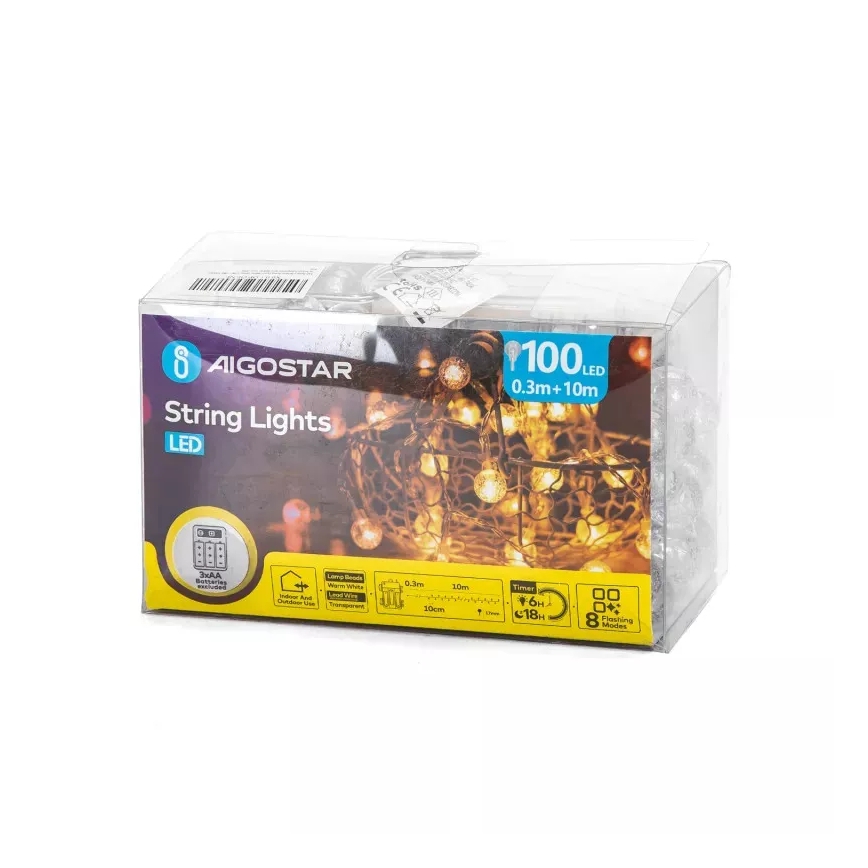 Aigostar - LED Kerst lichtsnoer voor buiten 100xLED/3xAA/8 Functies 10,3 m IP44 warm wit