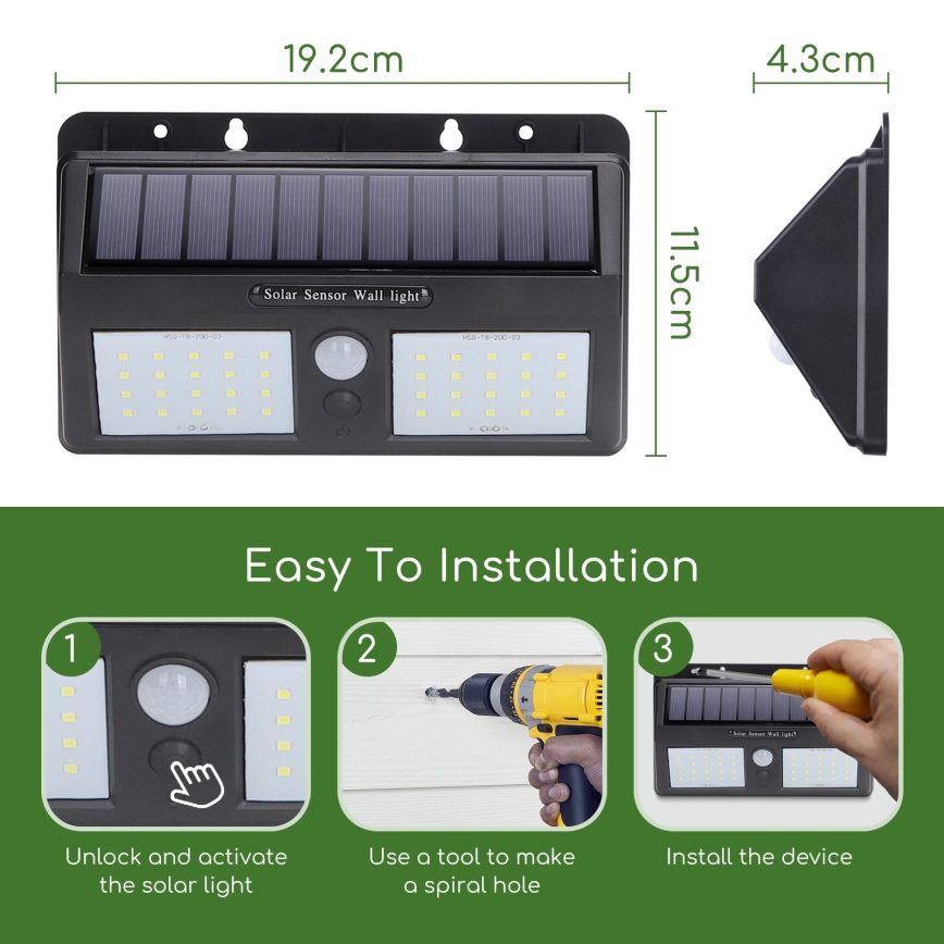 Aigostar - LED Luminaire solaire extérieur avec détecteur LED/2,29W/5,5V IP65