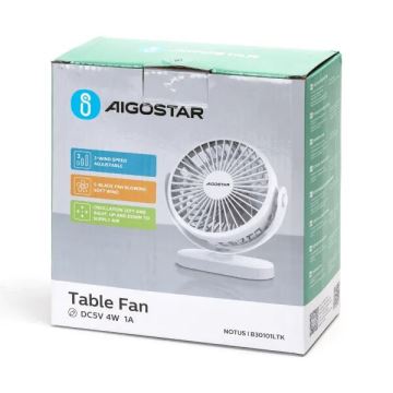 Aigostar - Oplaadbaar tafel fan 4W/5V 1500mAh wit