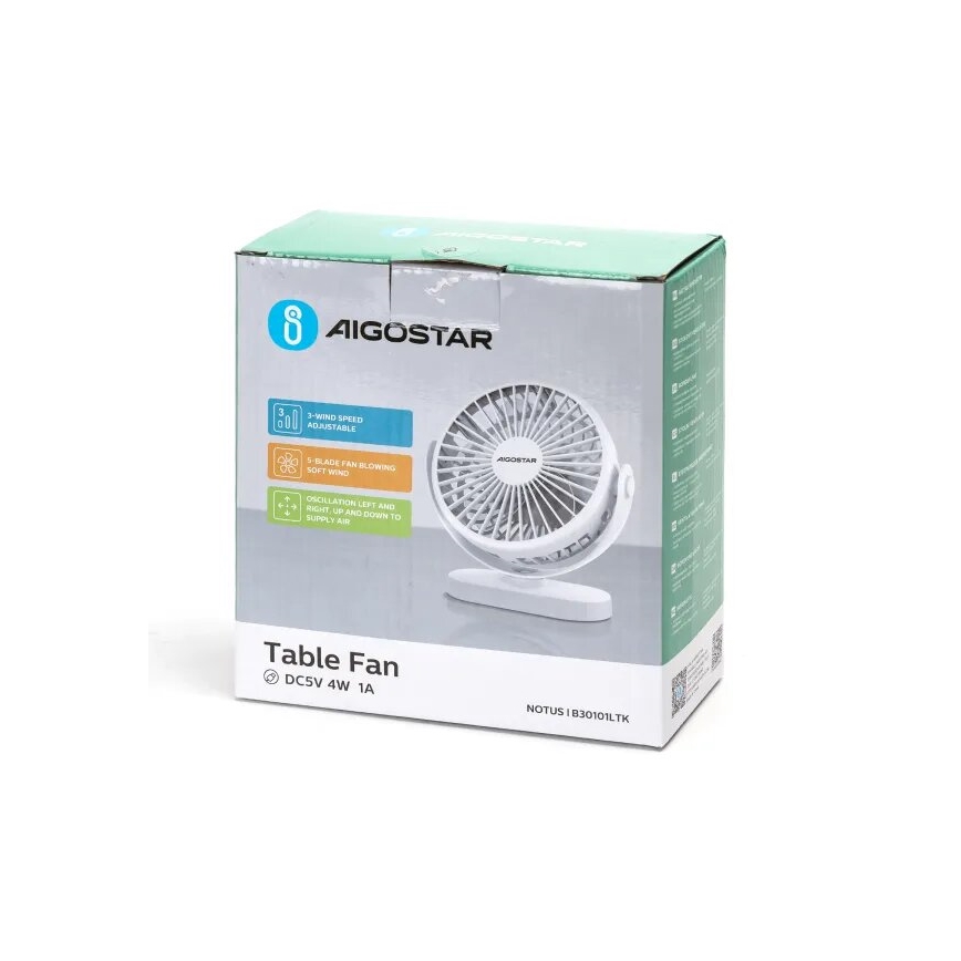 Aigostar - Oplaadbaar tafel fan 4W/5V 1500mAh wit