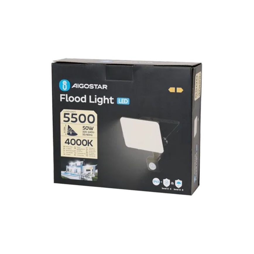 Aigostar - Projecteur avec détecteur LED/50W/230V 4000K IP65 noir