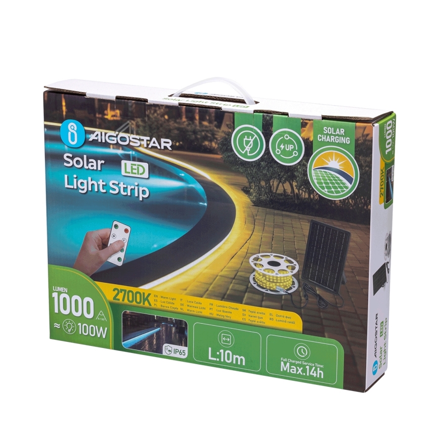 Aigostar - Ruban solaire à intensité variable LED/10W/3,2V 10 m 2700K IP65 + télécommande