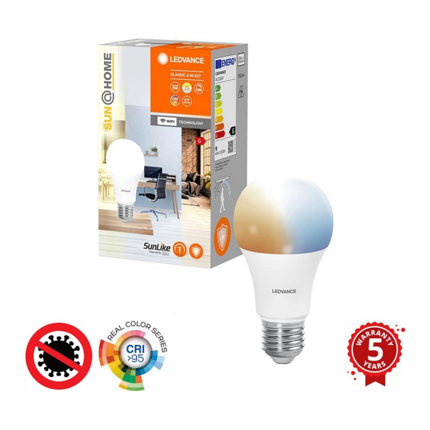 Ampoule antibactérienne LED à intensité variable A60 E27/9W/230V Wi-Fi - Ledvance