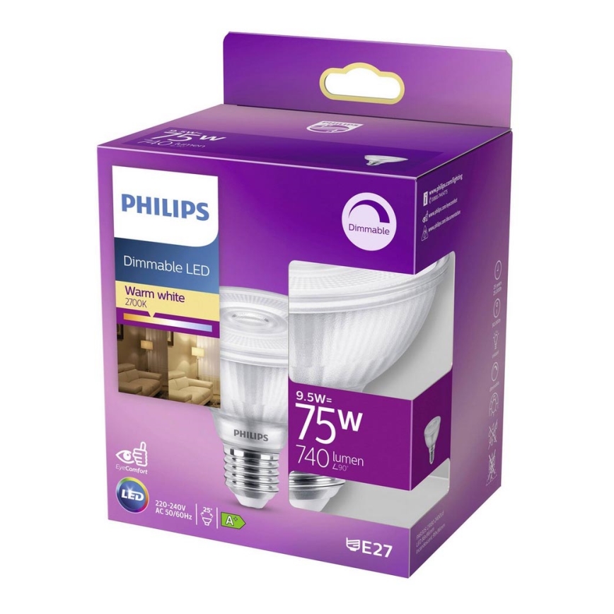 Ampoule LED à intensité variable Philips E27/9,5W/230V 2700K