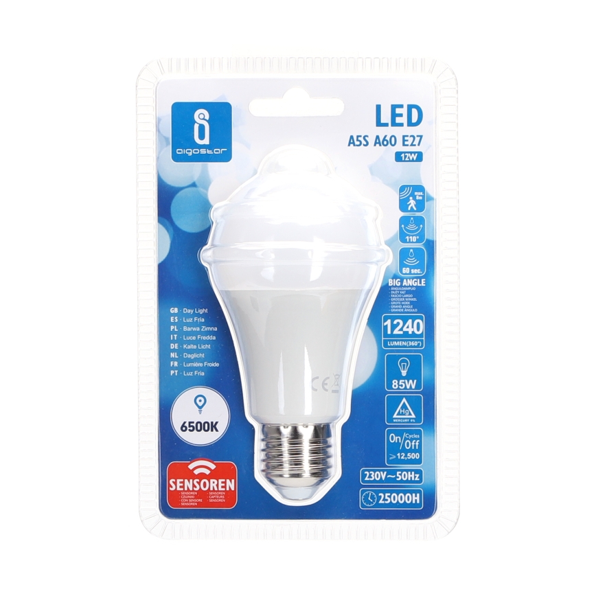 Ampoule LED avec détecteur de mouvement et de crépuscule A60 E27/12W/230V 6500K - Aigostar