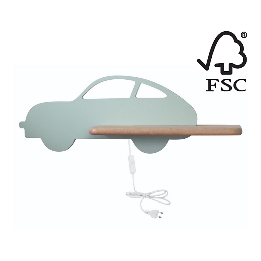 Applique murale pour enfant avec étagère CAR LED/5W/230V vert/bois - certifié FSC