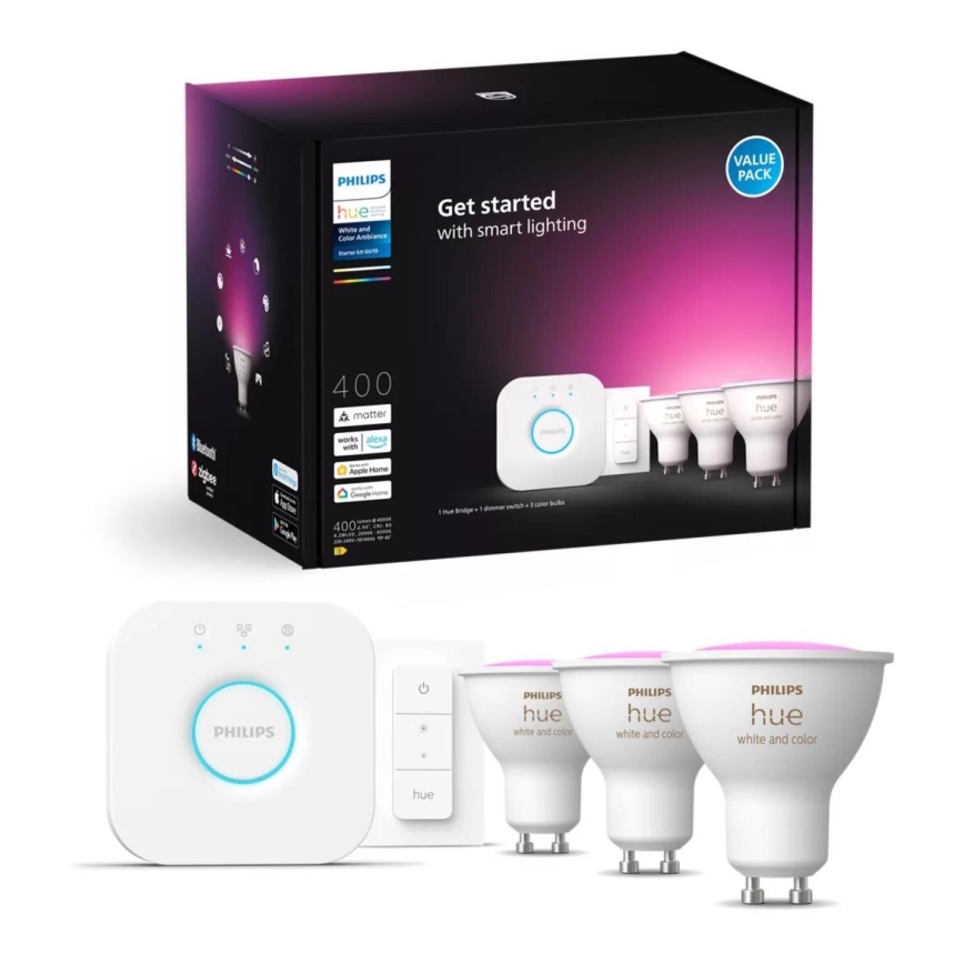 Basis set Philips Hue WHITE AND COLOR AMBIANCE 3xGU10/4,2W/230V 2000-6500K + Een apparaat om te verbinden