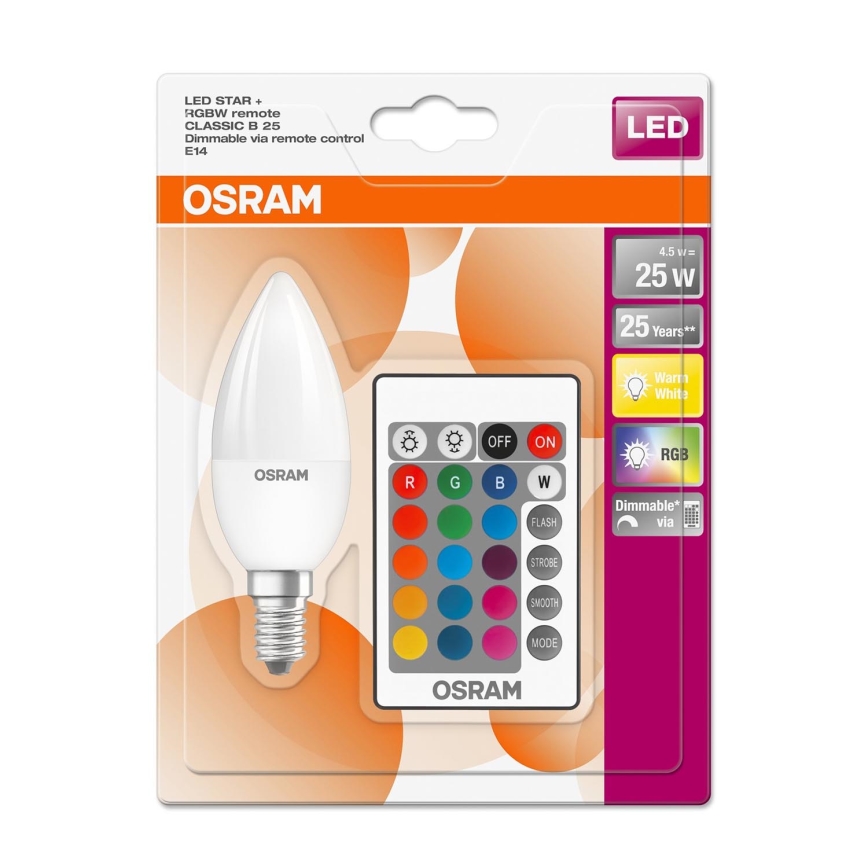 Dimbare LED RGBW Lam[ STAR E14/4,5W/230V 2700K + afstandsbediening – Osram