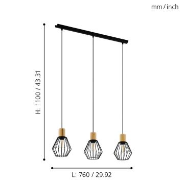 Eglo - Suspension filaire 3xE27/60W/230V - FSC certifié