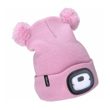 Extol - Chapeau avec lampe frontale et chargeur USB 250 mAh rose avec pompons taille enfants