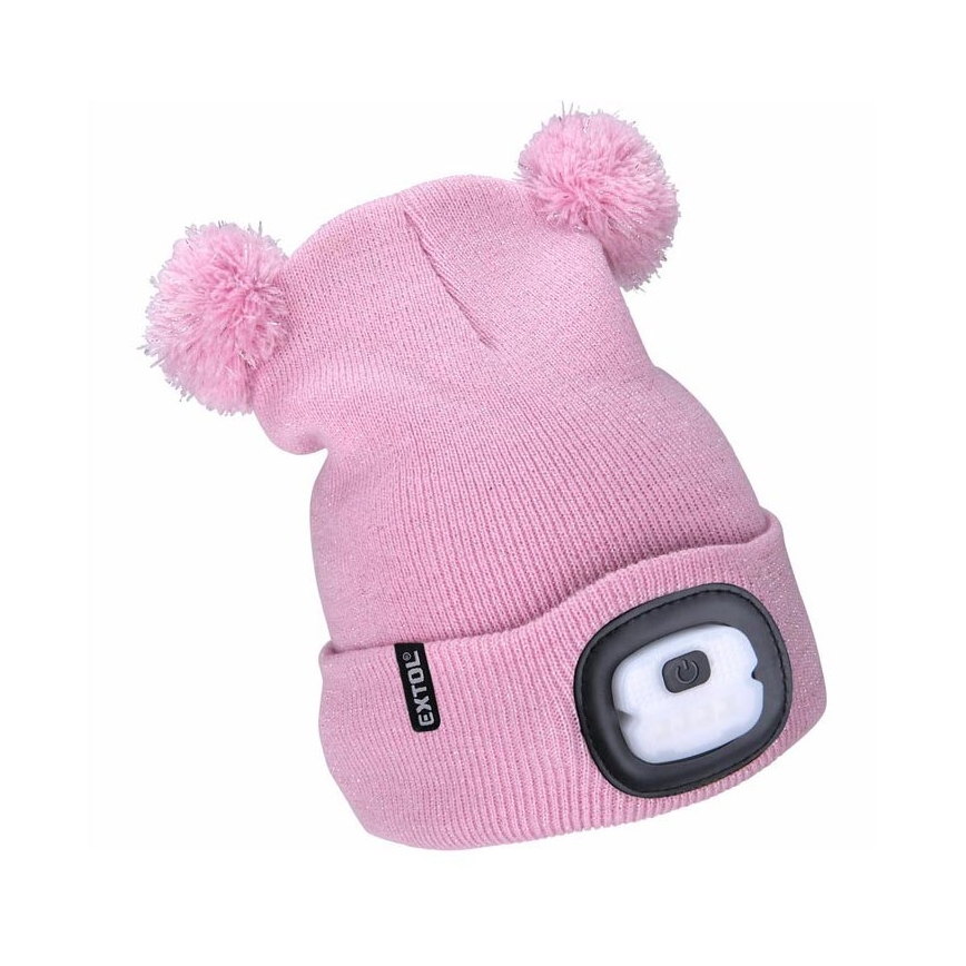 Extol - Chapeau avec lampe frontale et chargeur USB 250 mAh rose avec pompons taille enfants