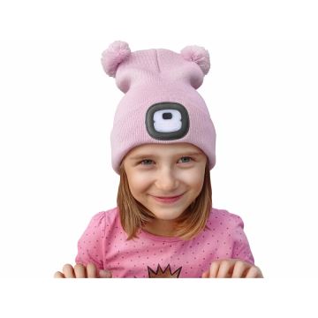 Extol - Chapeau avec lampe frontale et chargeur USB 250 mAh rose avec pompons taille enfants