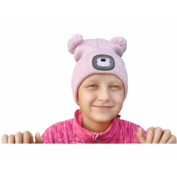 Extol - Chapeau avec lampe frontale et chargeur USB 250 mAh rose avec pompons taille enfants