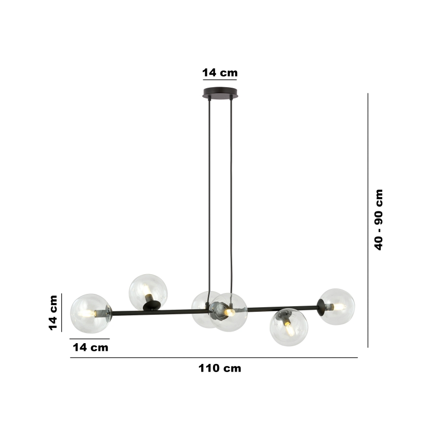 Hanglamp aan een koord ROSSI 6xE14/10W/230V zwart/doorzichtig