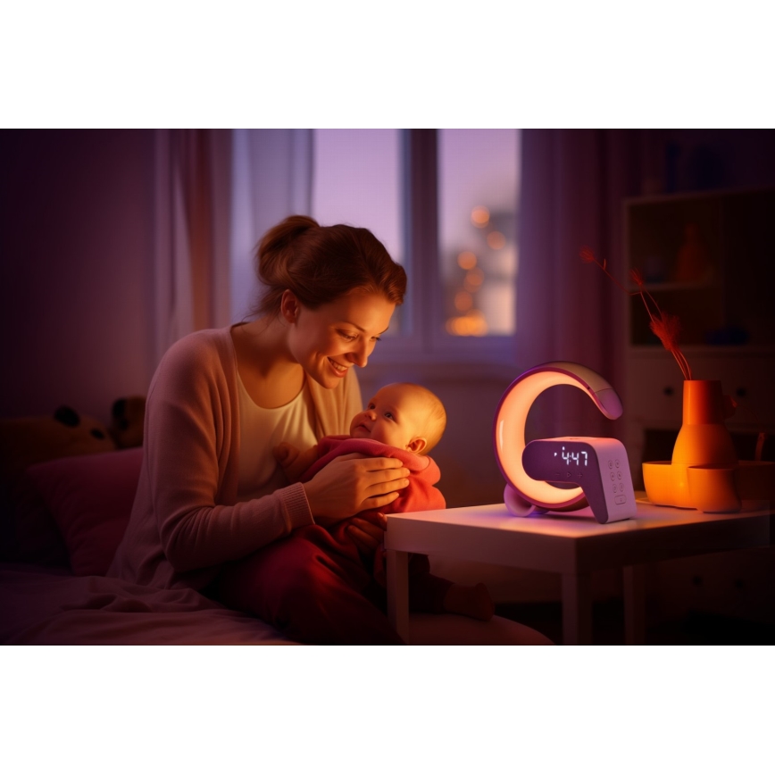 LED RGB Dimbaar tafellamp met wekker en Qi opladen 30W/230V goud