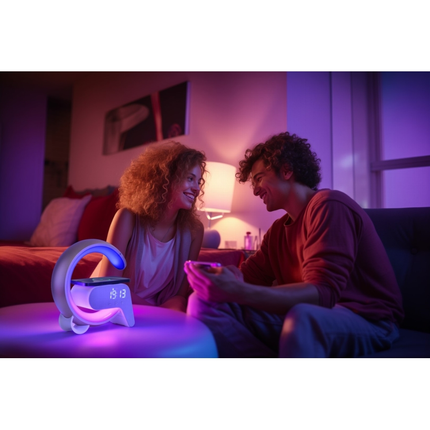 LED RGB Dimbaar tafellamp met wekker en Qi opladen 30W/230V goud