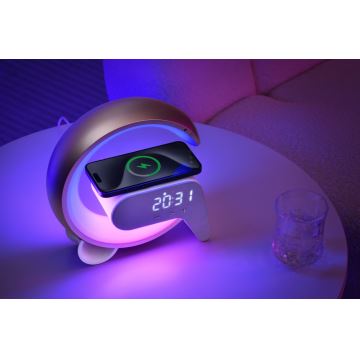 LED RGB Dimbaar tafellamp met wekker en Qi opladen 30W/230V goud