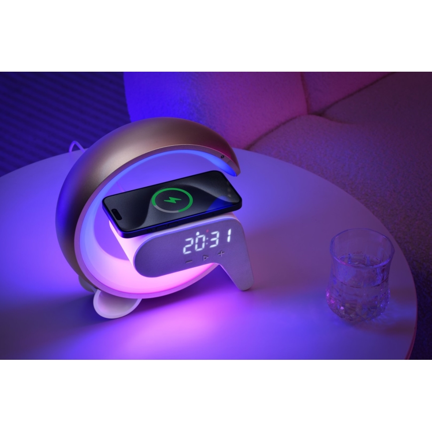 LED RGB Dimbaar tafellamp met wekker en Qi opladen 30W/230V goud