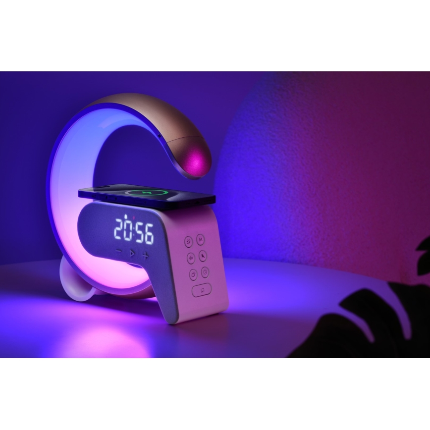 LED RGB Dimbaar tafellamp met wekker en Qi opladen 30W/230V goud