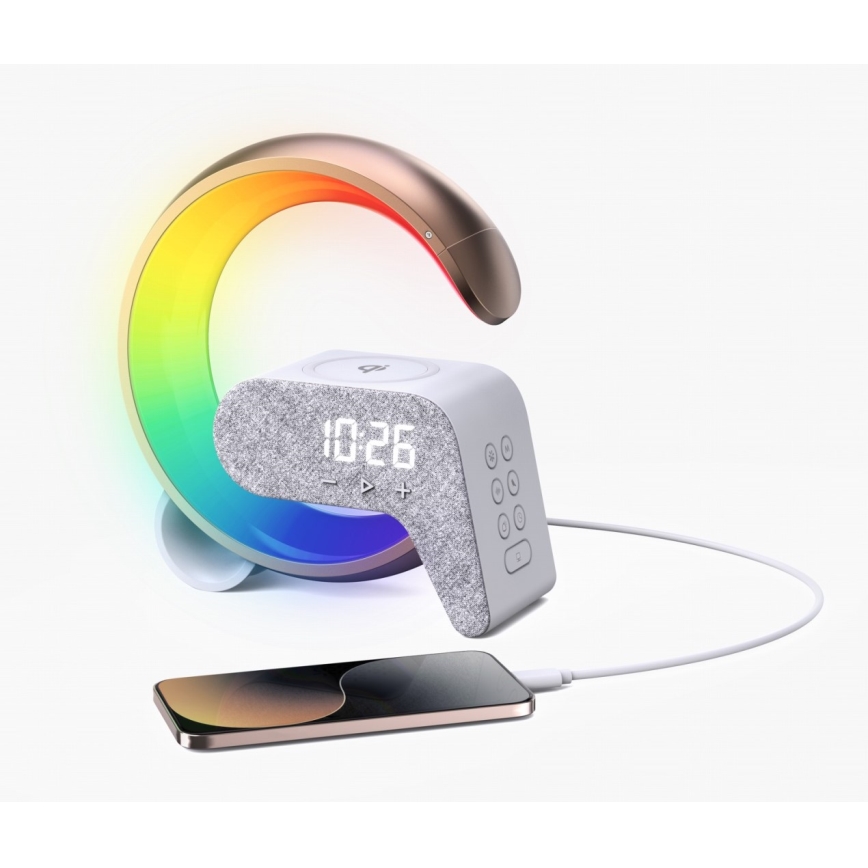 LED RGB Dimbaar tafellamp met wekker en Qi opladen 30W/230V goud