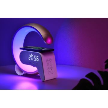 Lampe de table LED RGB à intensité variable avec réveil et Qi charge 30W/230V argent