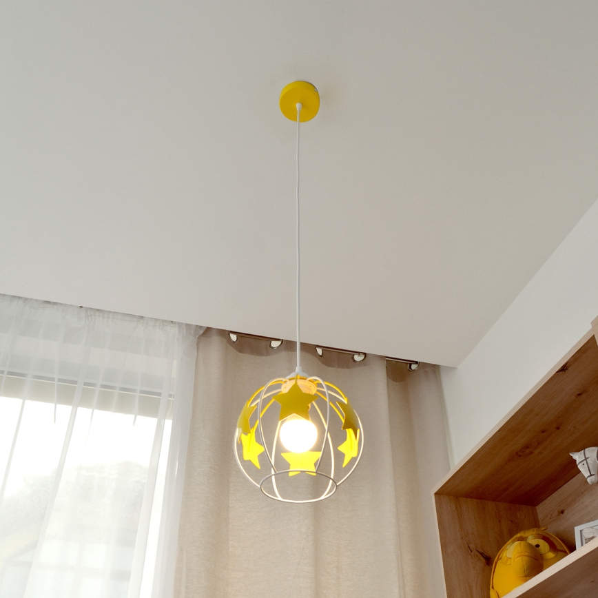 Kinder hanglamp aan een koord STARS 1xE27/15W/230V geel/wit