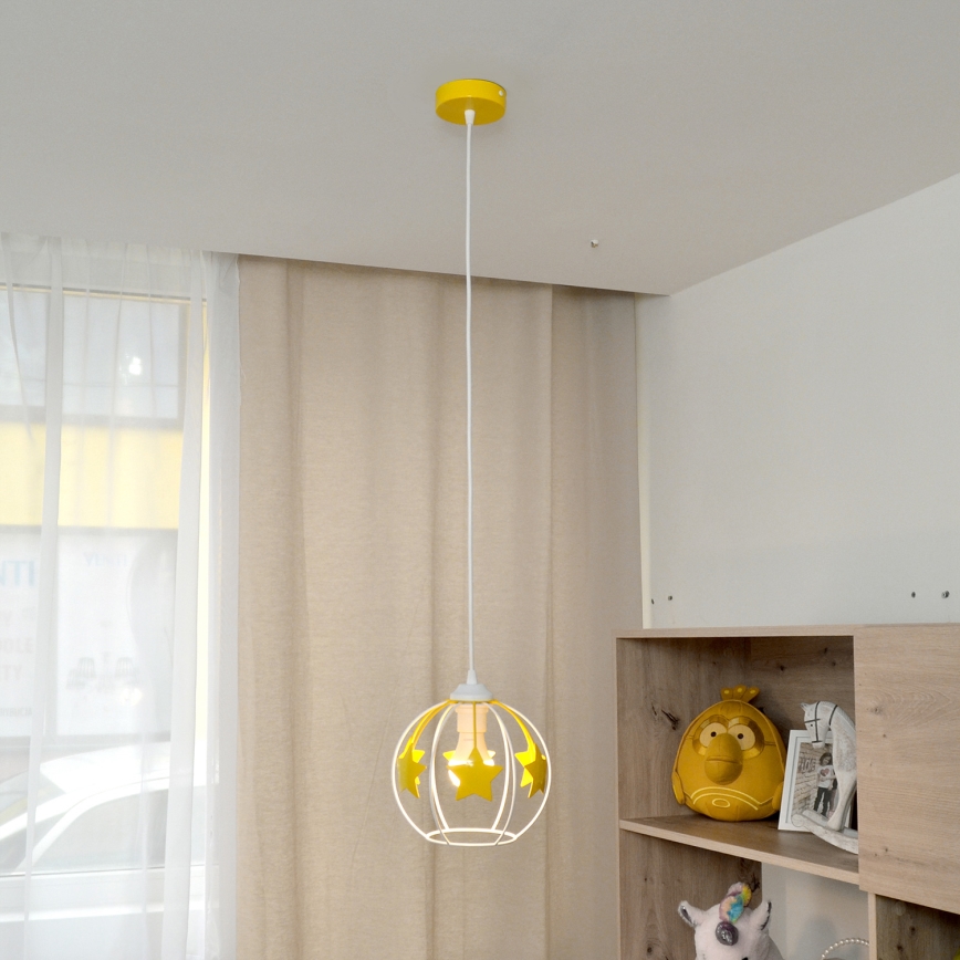 Kinder hanglamp aan een koord STARS 1xE27/15W/230V geel/wit