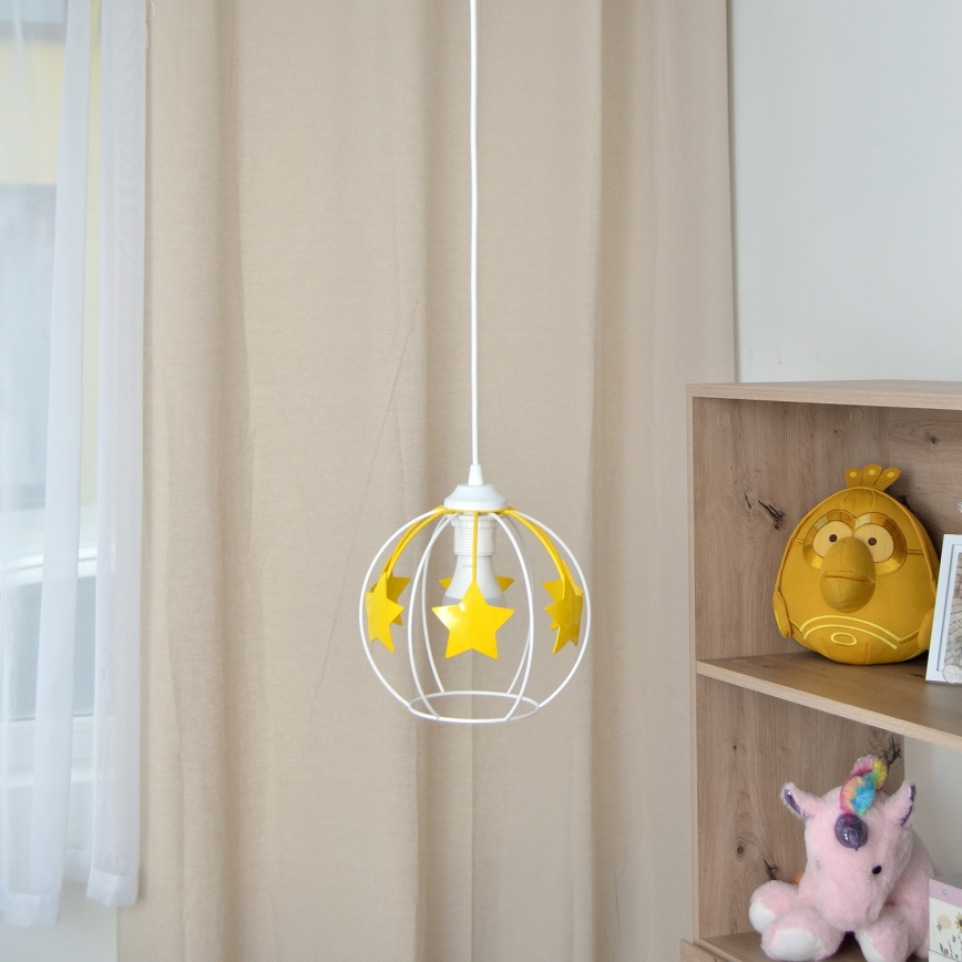 Kinder hanglamp aan een koord STARS 1xE27/15W/230V geel/wit