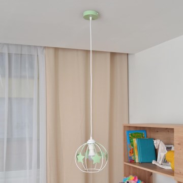 Kinder hanglamp aan een koord STARS 1xE27/15W/230V groen/wit