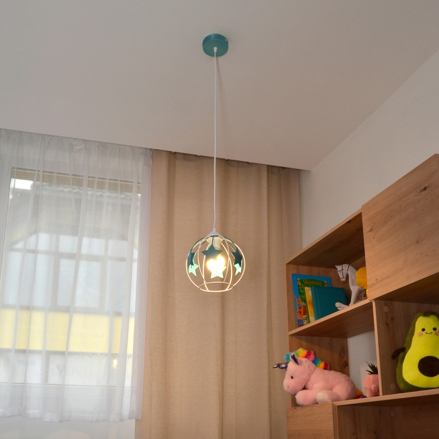 Kinder hanglamp aan een koord STARS 1xE27/15W/230V turquoise/wit