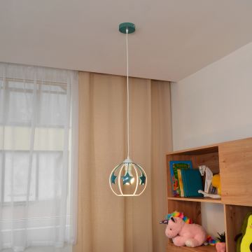 Kinder hanglamp aan een koord STARS 1xE27/15W/230V turquoise/wit