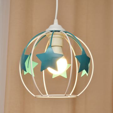 Kinder hanglamp aan een koord STARS 1xE27/15W/230V turquoise/wit