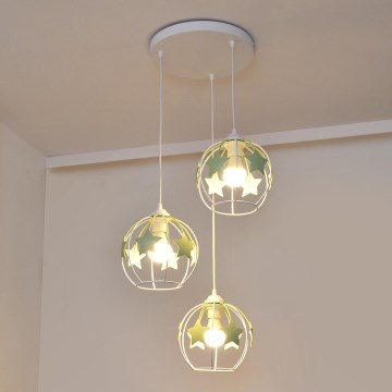 Kinder hanglamp aan een koord STARS 3xE27/15W/230V groen/wit