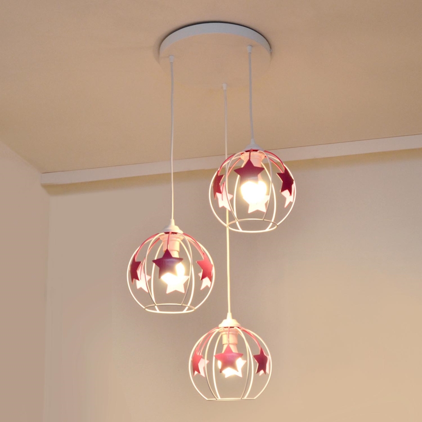 Kinder hanglamp aan een koord STARS 3xE27/15W/230V roze/wit