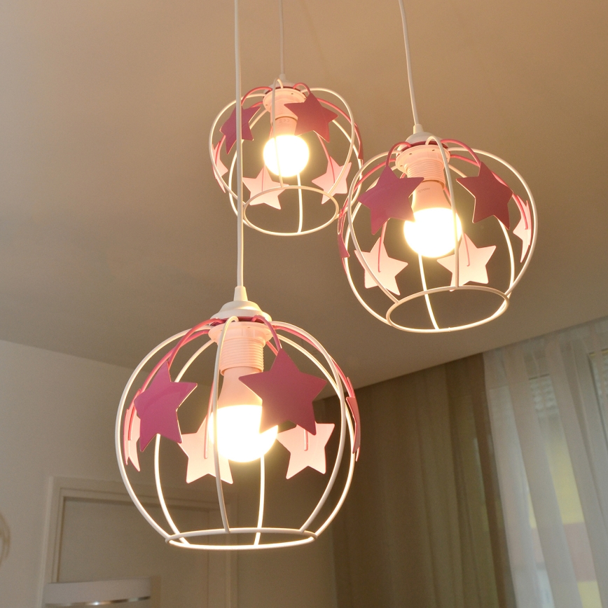 Kinder hanglamp aan een koord STARS 3xE27/15W/230V roze/wit