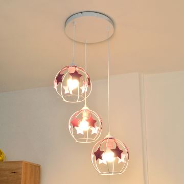 Kinder hanglamp aan een koord STARS 3xE27/15W/230V roze/wit