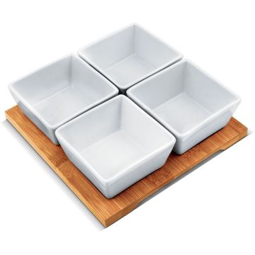 Lamart - Lot de 4x bol en porcelaine 19x19 cm + plateau en bois