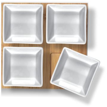 Lamart - Lot de 4x bol en porcelaine 19x19 cm + plateau en bois