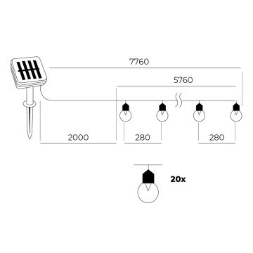 LED - Guirlande solaire 20xLED/0,12W/1,2V 1xAA IP44 3000K