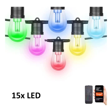 LED RGB+CCT Dimbaar buitenshuis ketting SLINGER 15xLED/1W/230V 15m Wi-Fi Tuya IP65 + afstandsbediening