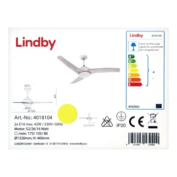 Lindby - Plafondventilator EMANUEL 2xE14/42W/230V + afstandsbediening