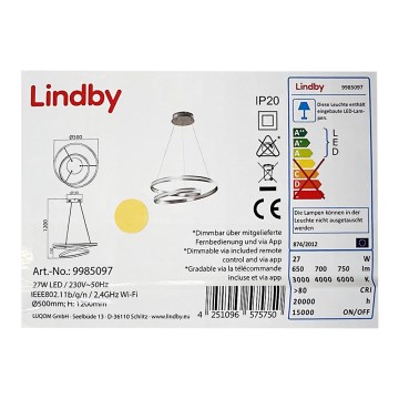 Lindby - Suspension filaire à intensité variable SMART VERIO LED/27W/230V 3000/4000/6000K + Télécommande